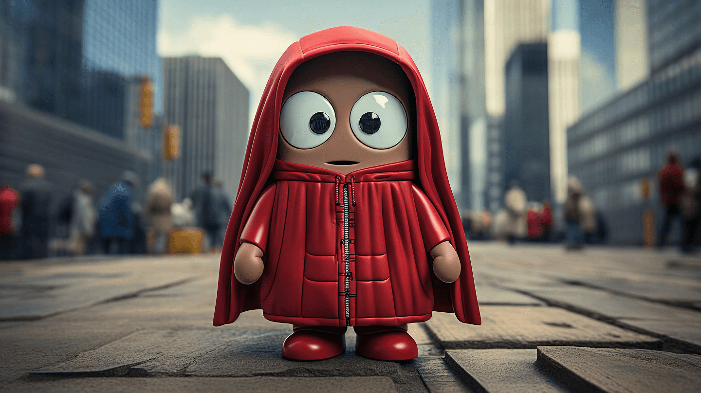 Cartoon figure in a red hooded coat with big eyes, standing on a city street.