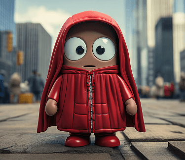 Cartoon figure in a red hooded coat with big eyes, standing on a city street.