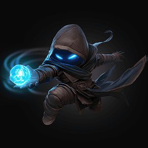 Cartoon ninja with glowing blue eyes holding a magic orb