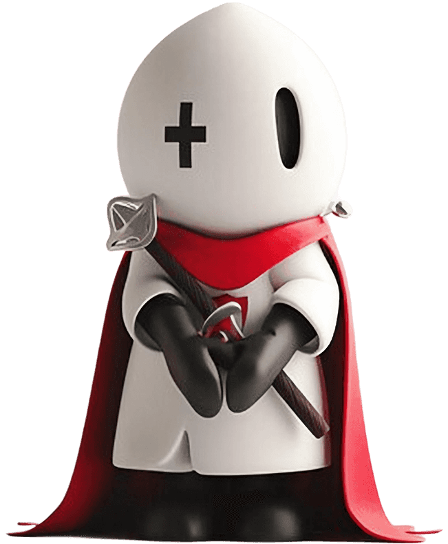 Cute knight figure with a white helmet, red cape, and black gloves