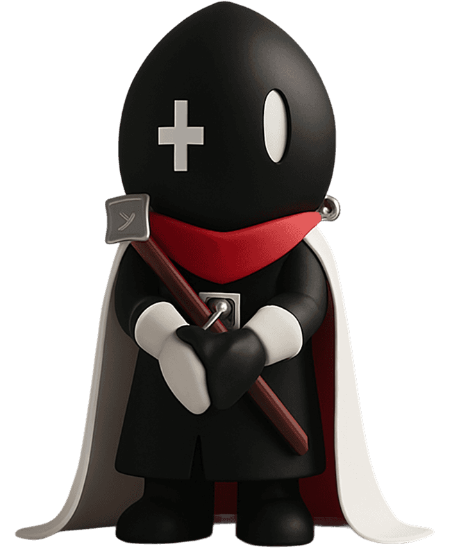 Cute knight figure with a white helmet, red cape, and black gloves